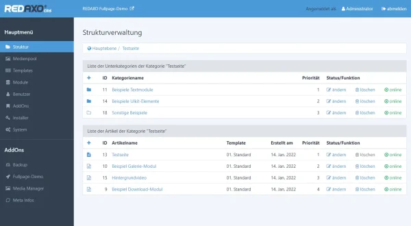 Screenshot Struktur Testseite
